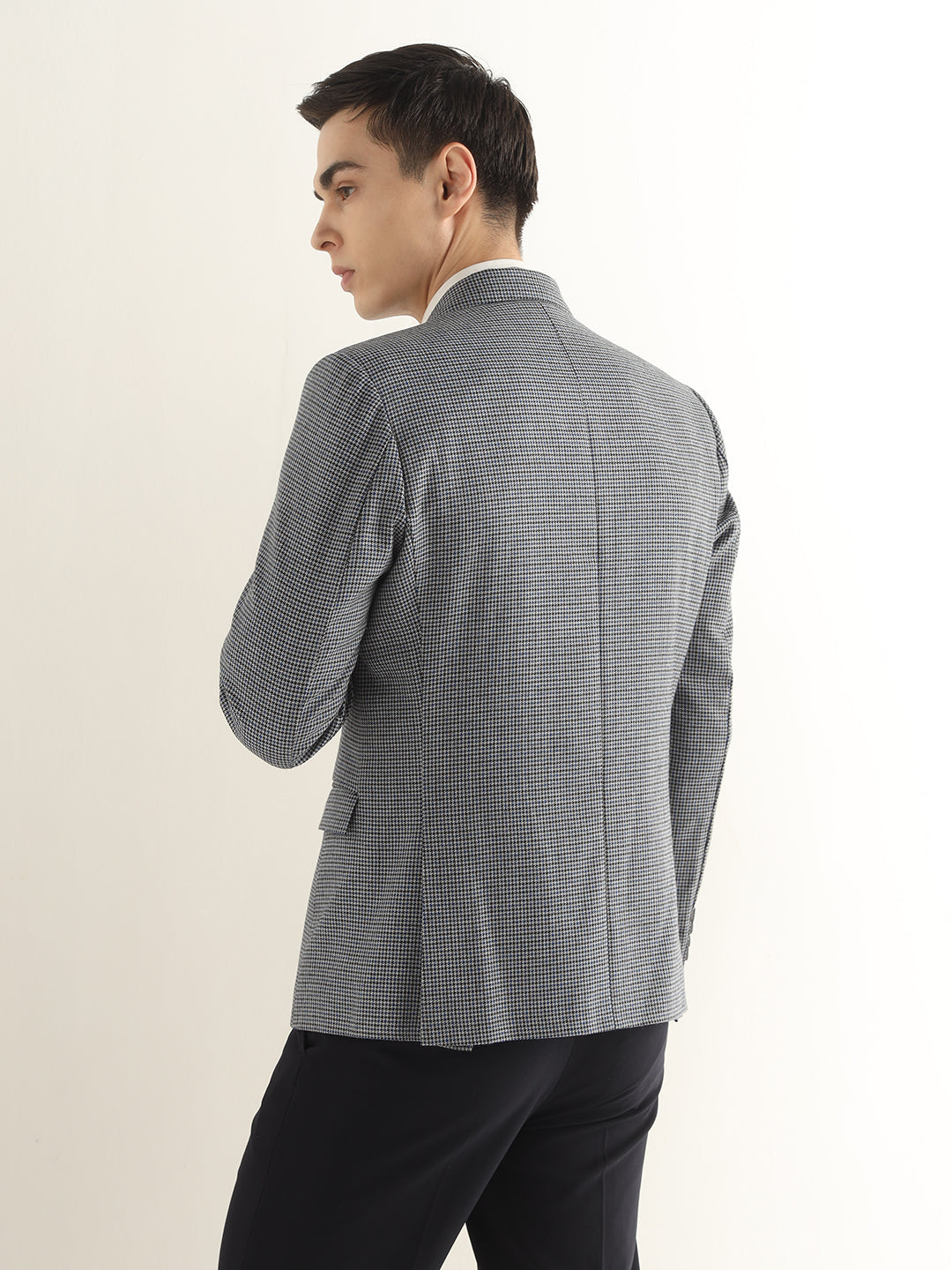 Hancock Men Grey & Navy Blue Checked Polyester Slim Fit Formal Blazer