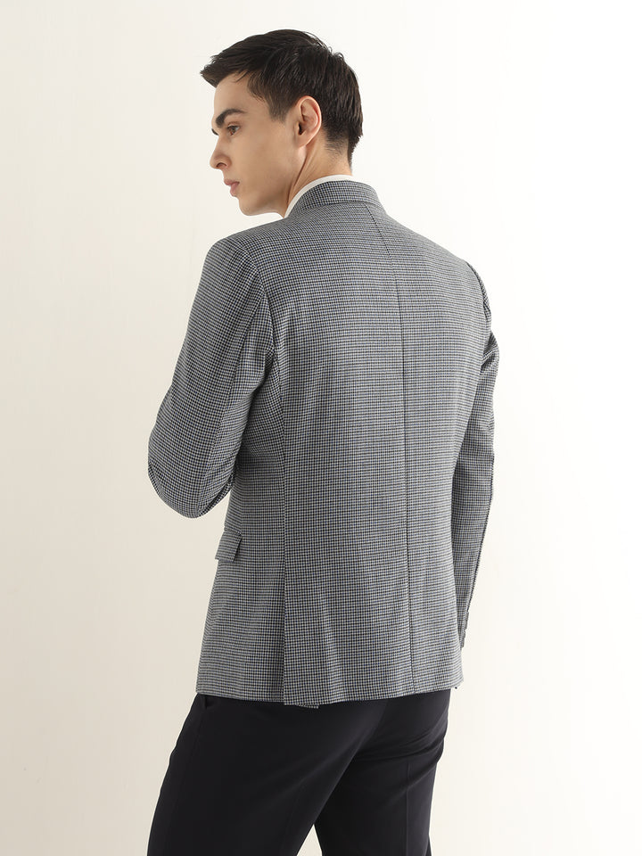 Hancock Men Grey & Navy Blue Checked Polyester Slim Fit Formal Blazer