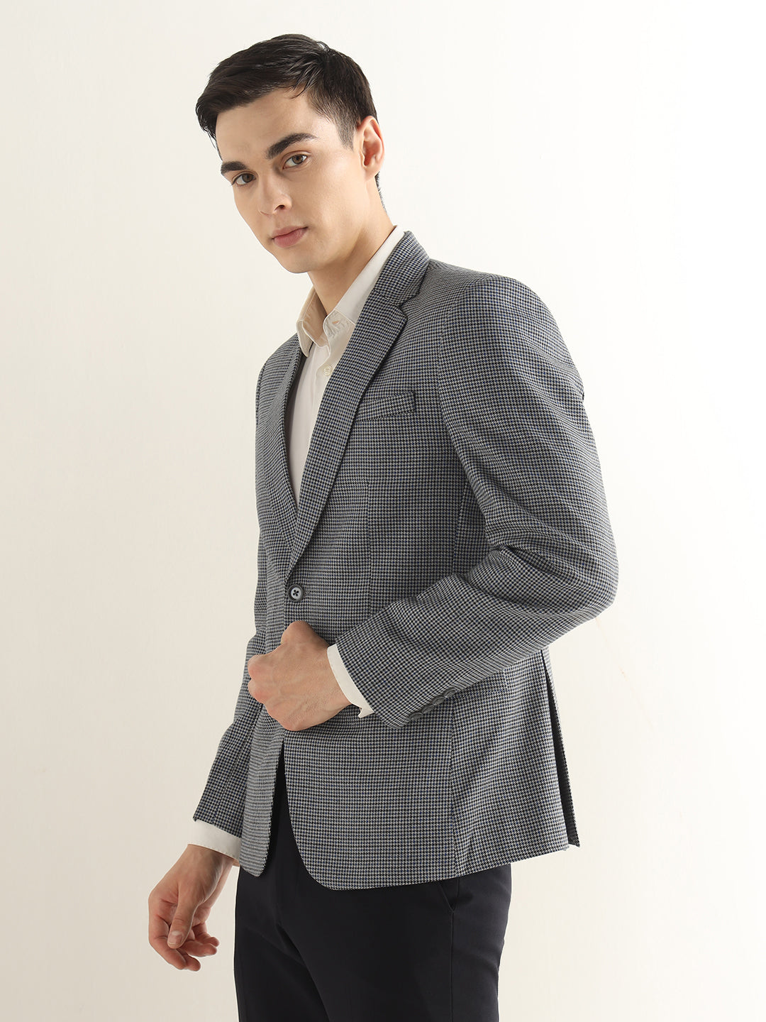 Hancock Men Grey & Navy Blue Checked Polyester Slim Fit Formal Blazer