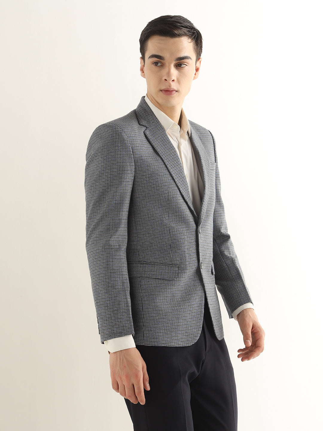Hancock Men Grey & Navy Blue Checked Polyester Slim Fit Formal Blazer