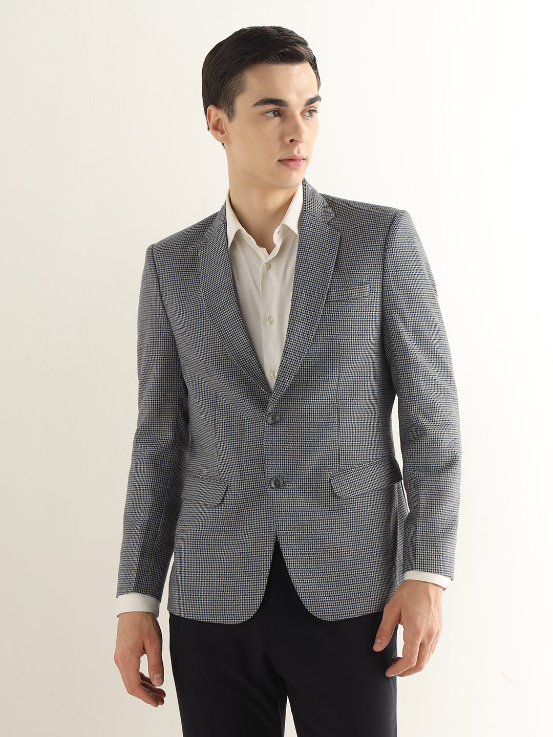 Hancock Men Grey & Navy Blue Checked Polyester Slim Fit Formal Blazer