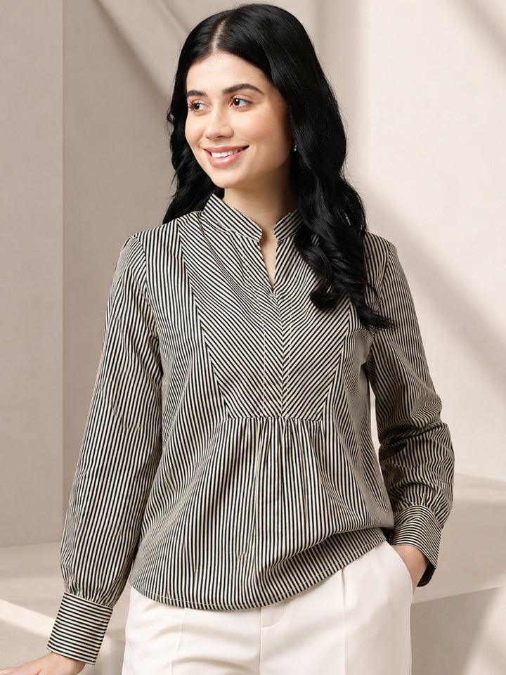 Women Beige & Black Stripes Pure Cotton Regular Fit Formal Top