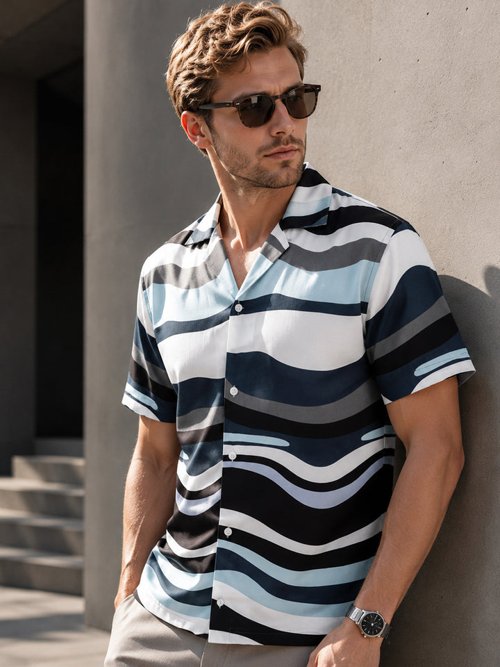 Men Navy Blue & White Abstract Printed Viscose Rayon Relaxed Fit Casual Shirt