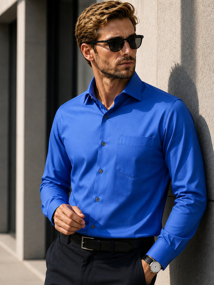 Men Royal Blue Solid Cotton Satin Slim Fit Party Shirt