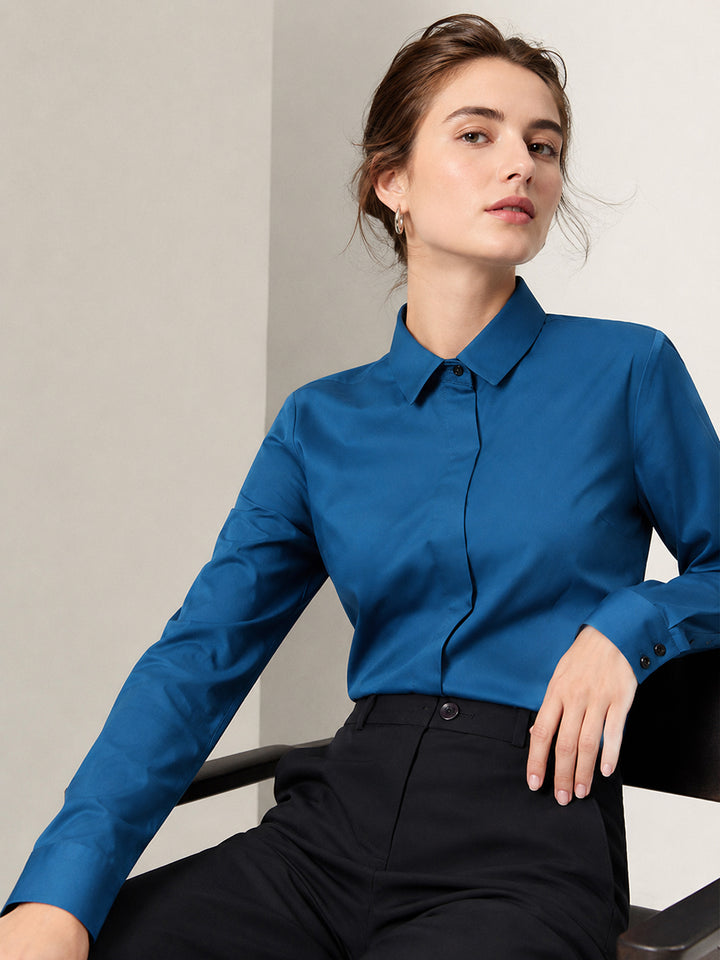 Women Turquoise Solid Cotton Satin Regular Fit Formal Shirt