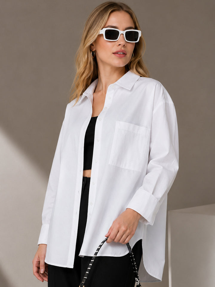 Women White Solid Pure Cotton Relaxed Fit Formal Over Size Shirt