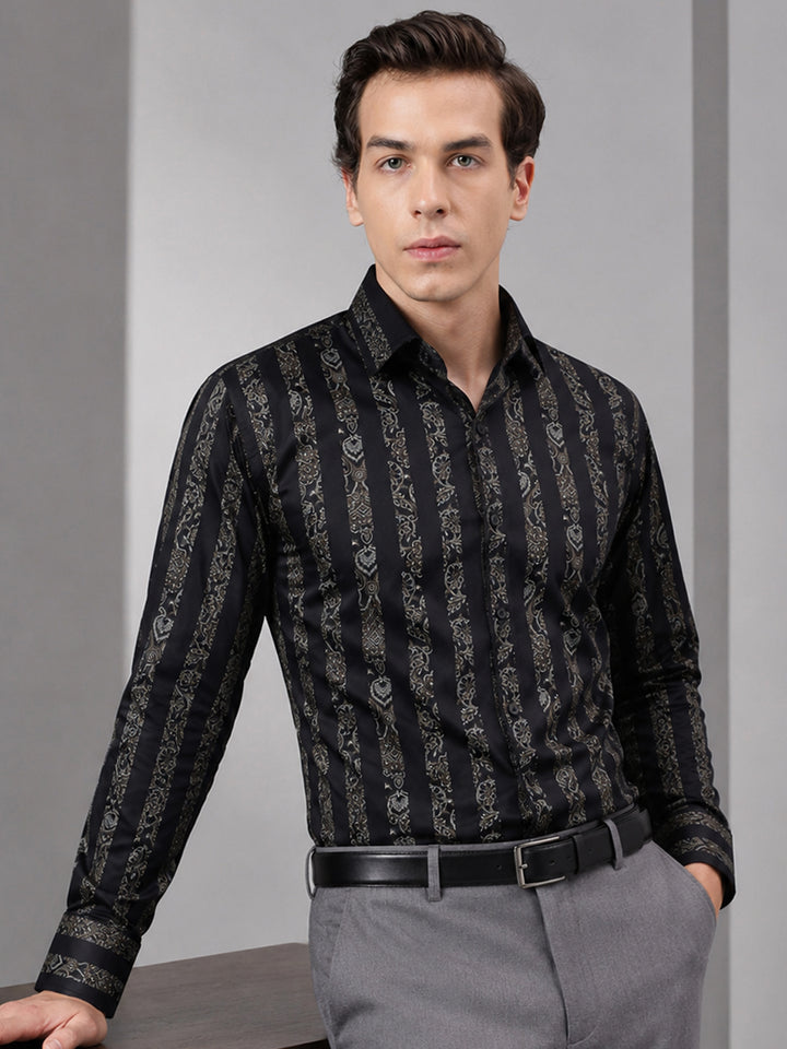 Men Black Floral striped Printed Cotton Satin Slim Fit Party Shirt