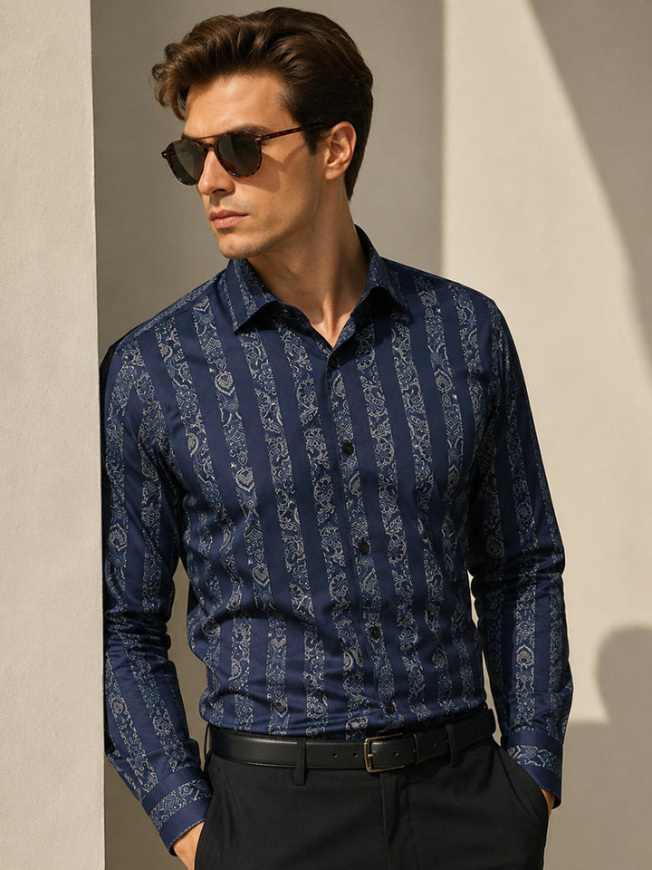 Men Navy Blue Floral striped Printed Cotton Satin Slim Fit Party Shirt