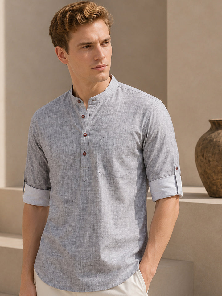Men Grey & White Printed Pure Cotton Roll Up sleeve Slim Fit Kurta