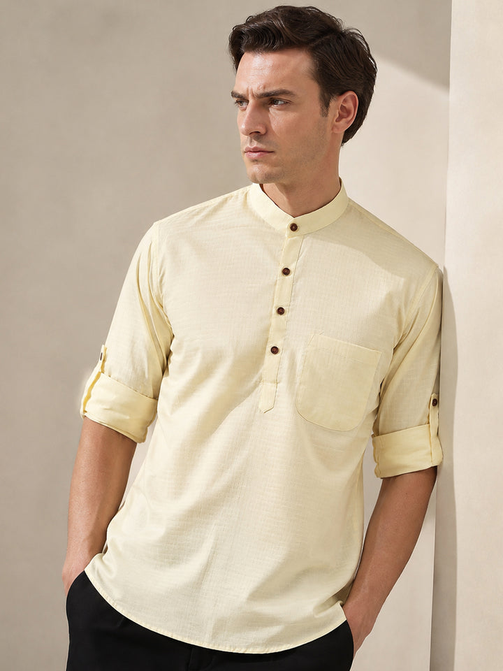 Men Yellow Self Design Pure Cotton Roll Up Sleeve Slim Fit Casual Kurta