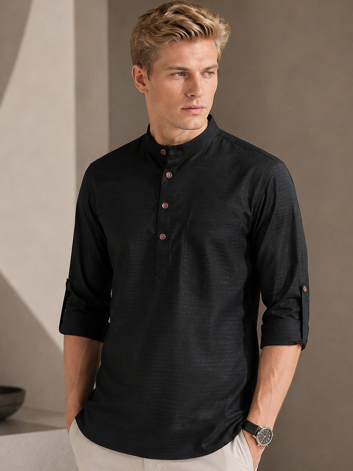 Men Black Self Design Pure Cotton Roll Up Sleeve Slim Fit Casual Kurta