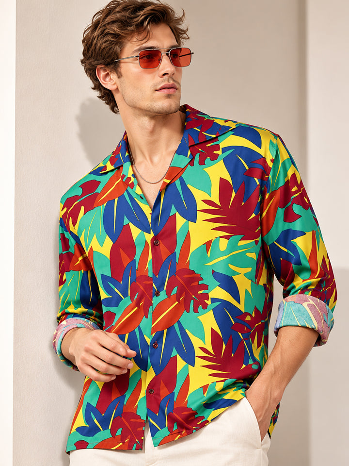 Men Blue & Green Floral Printed Viscose Rayon Relaxed Fit Casual Resort Shirt