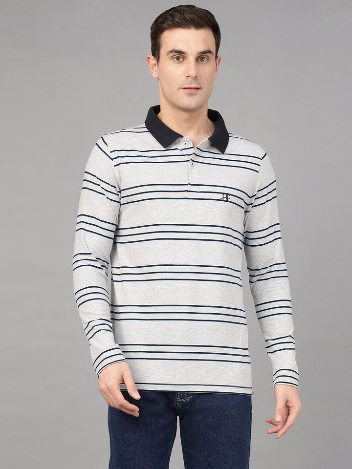 Hancock Men Grey & Navy Blue Stripe Cotton Elastene Slim Fit Formal Tshirt
