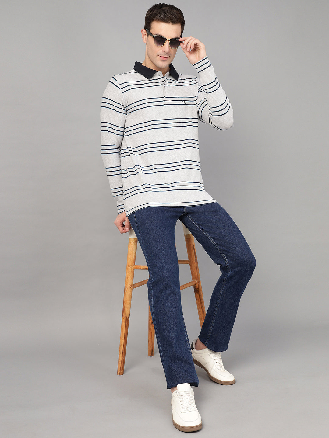 Hancock Men Grey & Navy Blue Stripe Cotton Elastene Slim Fit Formal Tshirt