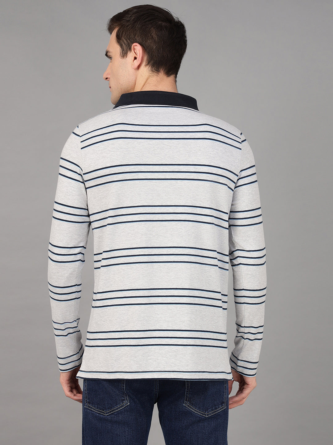 Hancock Men Grey & Navy Blue Stripe Cotton Elastene Slim Fit Formal Tshirt