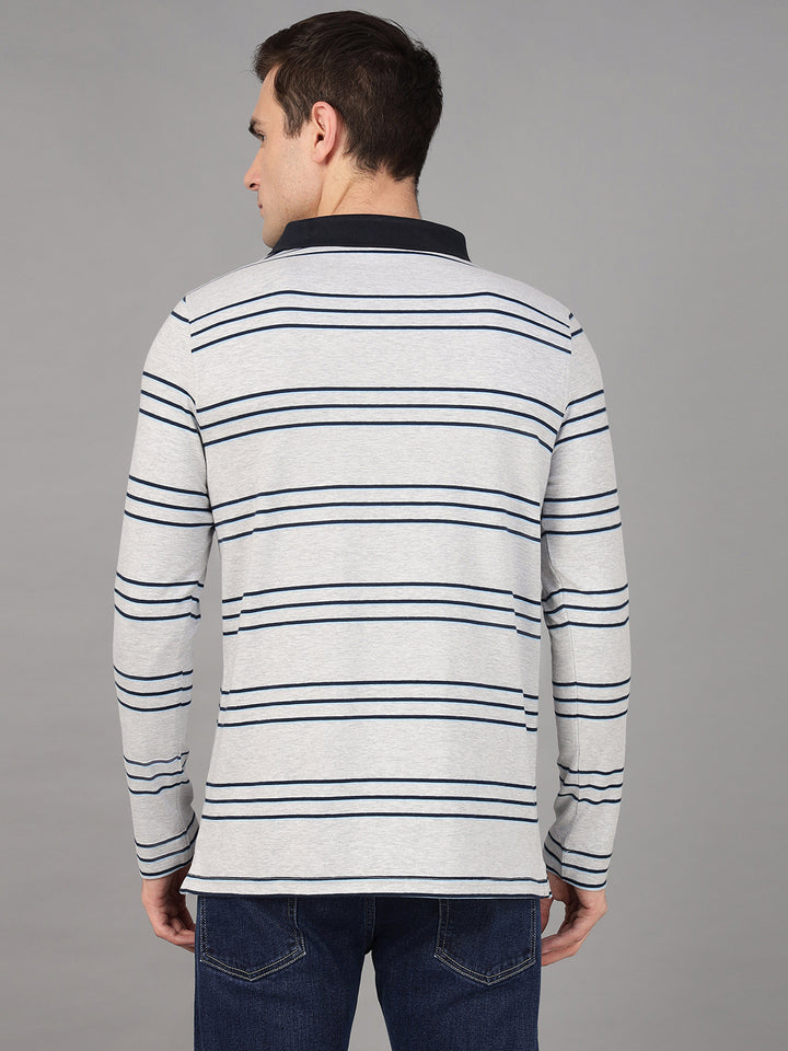 Hancock Men Grey & Navy Blue Stripe Cotton Elastene Slim Fit Formal Tshirt