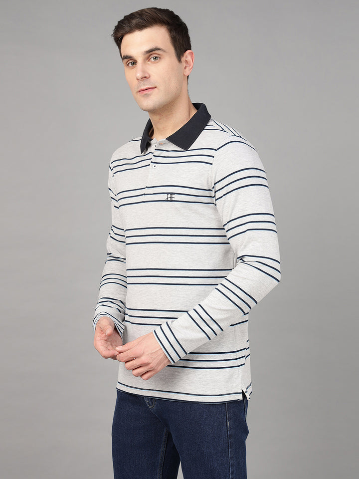 Hancock Men Grey & Navy Blue Stripe Cotton Elastene Slim Fit Formal Tshirt