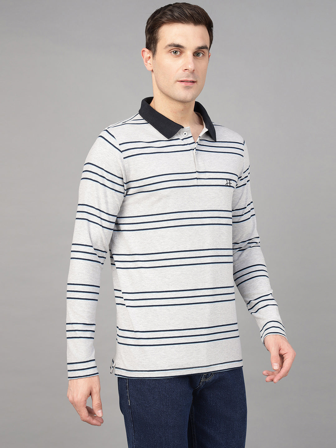 Hancock Men Grey & Navy Blue Stripe Cotton Elastene Slim Fit Formal Tshirt