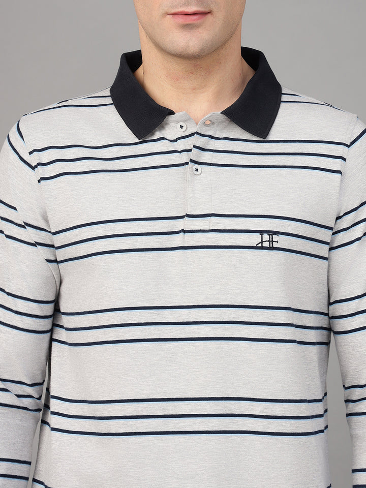Hancock Men Grey & Navy Blue Stripe Cotton Elastene Slim Fit Formal Tshirt