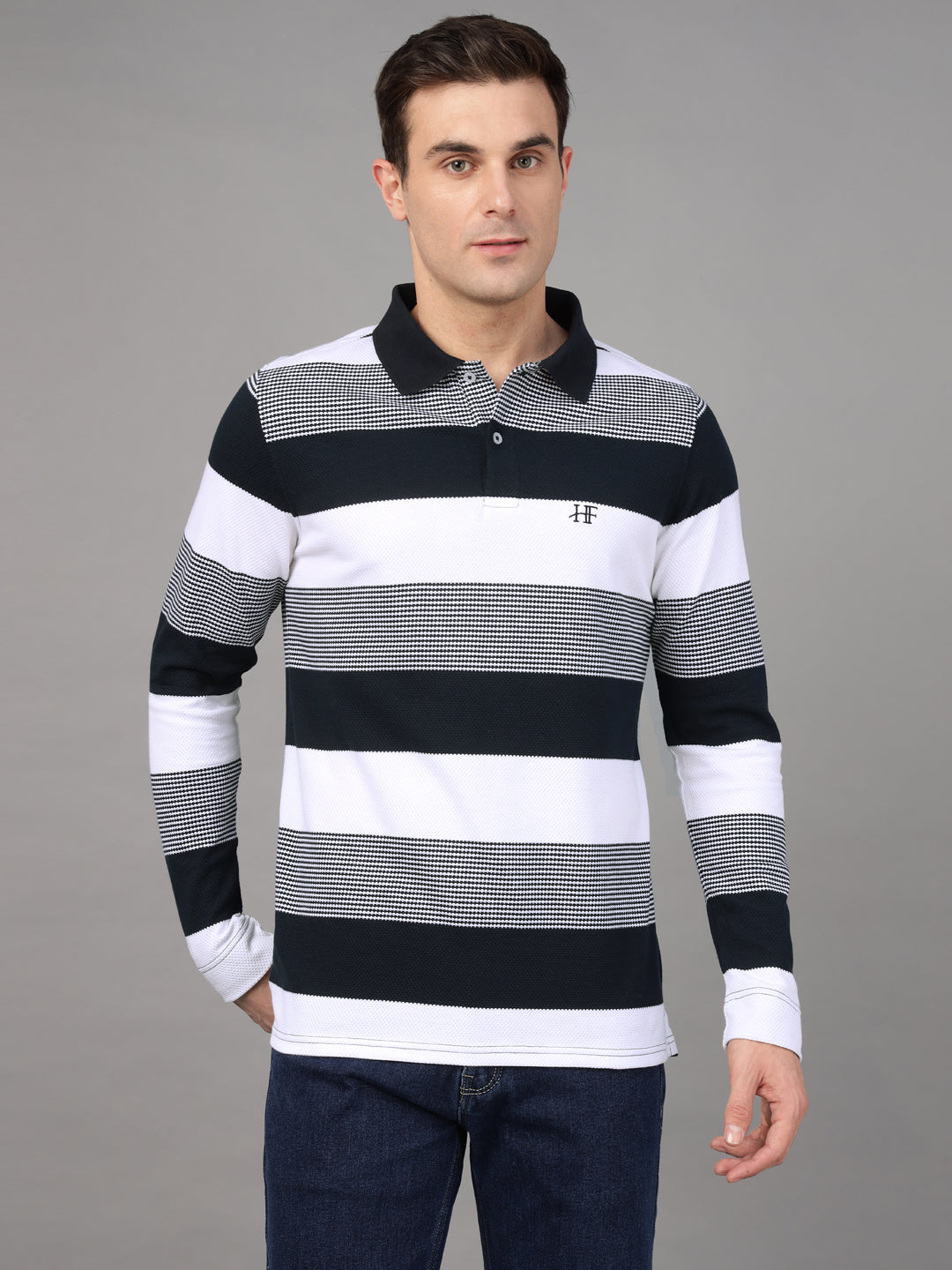 Hancock Men White & Navy Blue Stripe Pure Cotton Slim Fit Formal Tshirt
