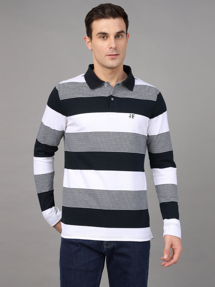 Hancock Men White & Navy Blue Stripe Pure Cotton Slim Fit Formal Tshirt