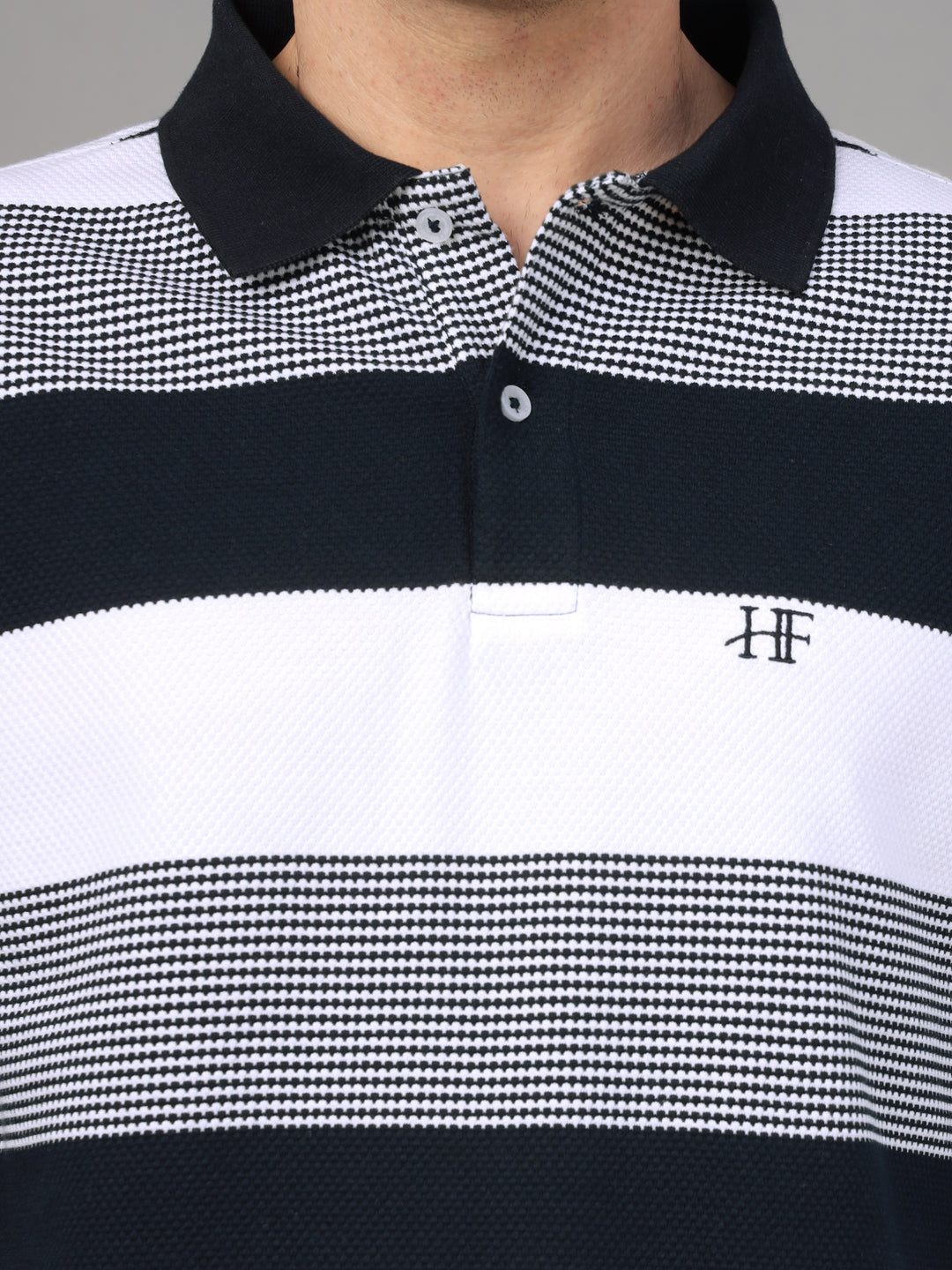 Hancock Men White & Navy Blue Stripe Pure Cotton Slim Fit Formal Tshirt