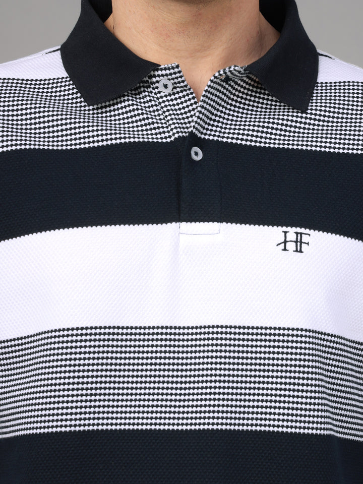 Hancock Men White & Navy Blue Stripe Pure Cotton Slim Fit Formal Tshirt