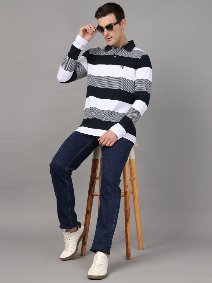 Hancock Men White & Navy Blue Stripe Pure Cotton Slim Fit Formal Tshirt