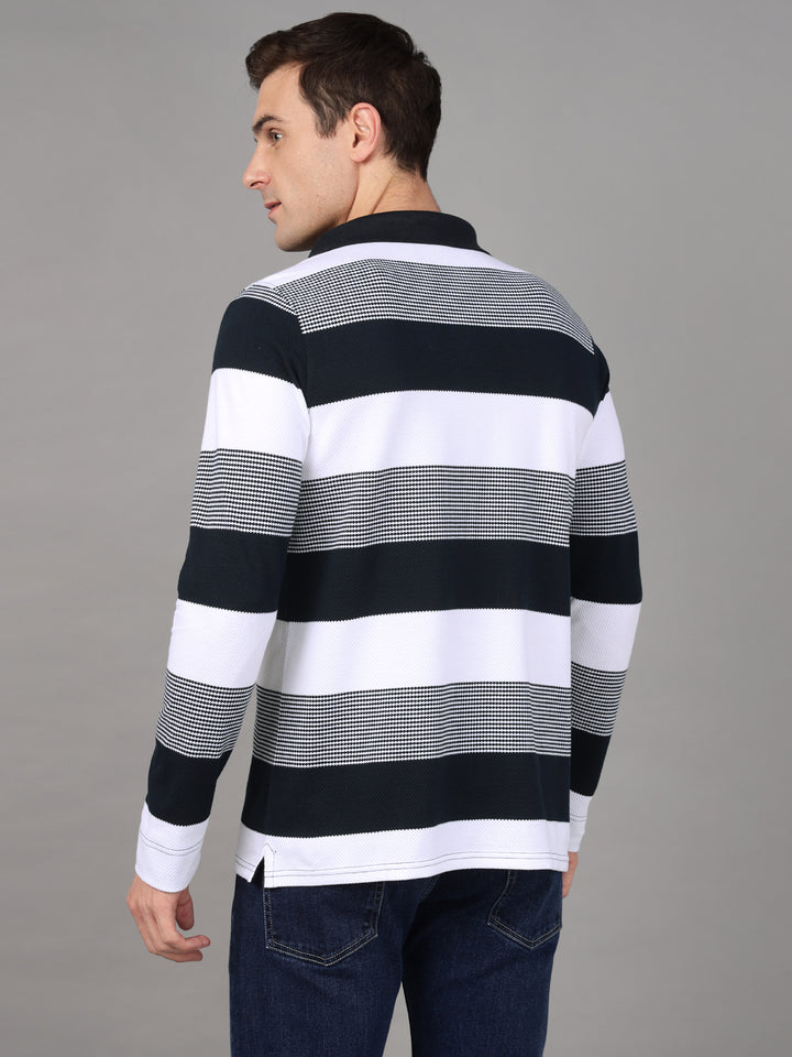 Hancock Men White & Navy Blue Stripe Pure Cotton Slim Fit Formal Tshirt