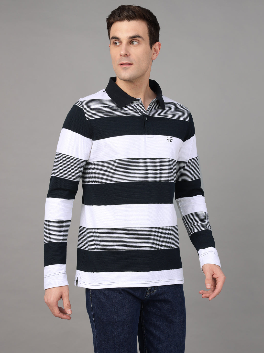 Hancock Men White & Navy Blue Stripe Pure Cotton Slim Fit Formal Tshirt