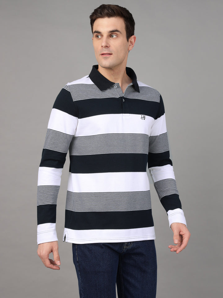 Hancock Men White & Navy Blue Stripe Pure Cotton Slim Fit Formal Tshirt