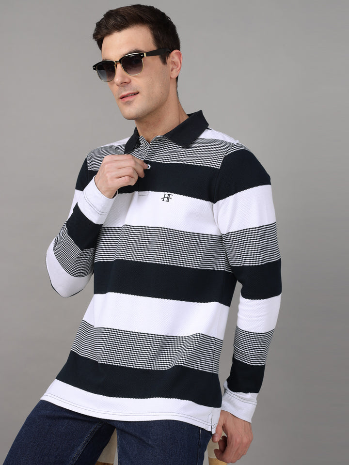 Hancock Men White & Navy Blue Stripe Pure Cotton Slim Fit Formal Tshirt