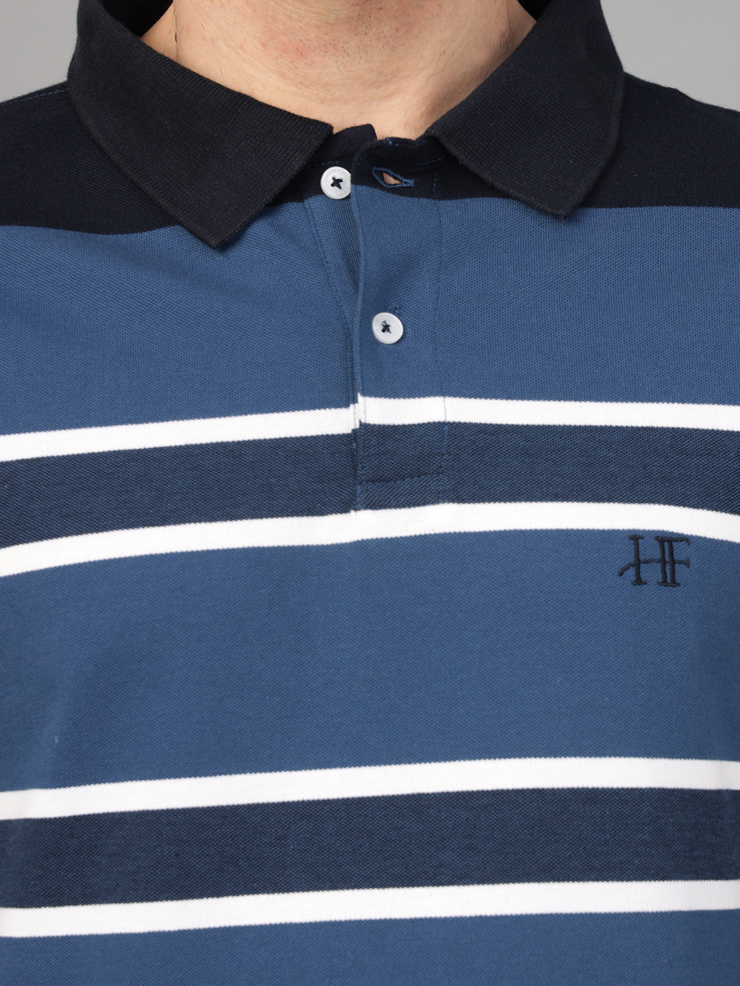Hancock Men Blue & Navy Blue Stripe Pure Cotton Slim Fit Formal Tshirt