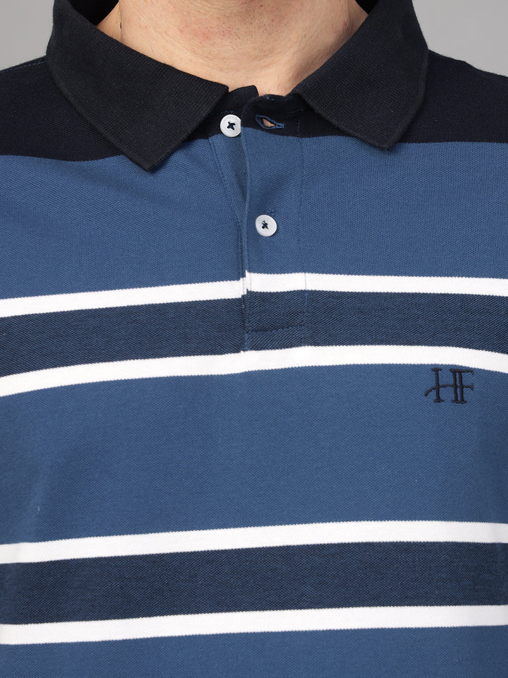 Hancock Men Blue & Navy Blue Stripe Pure Cotton Slim Fit Formal Tshirt