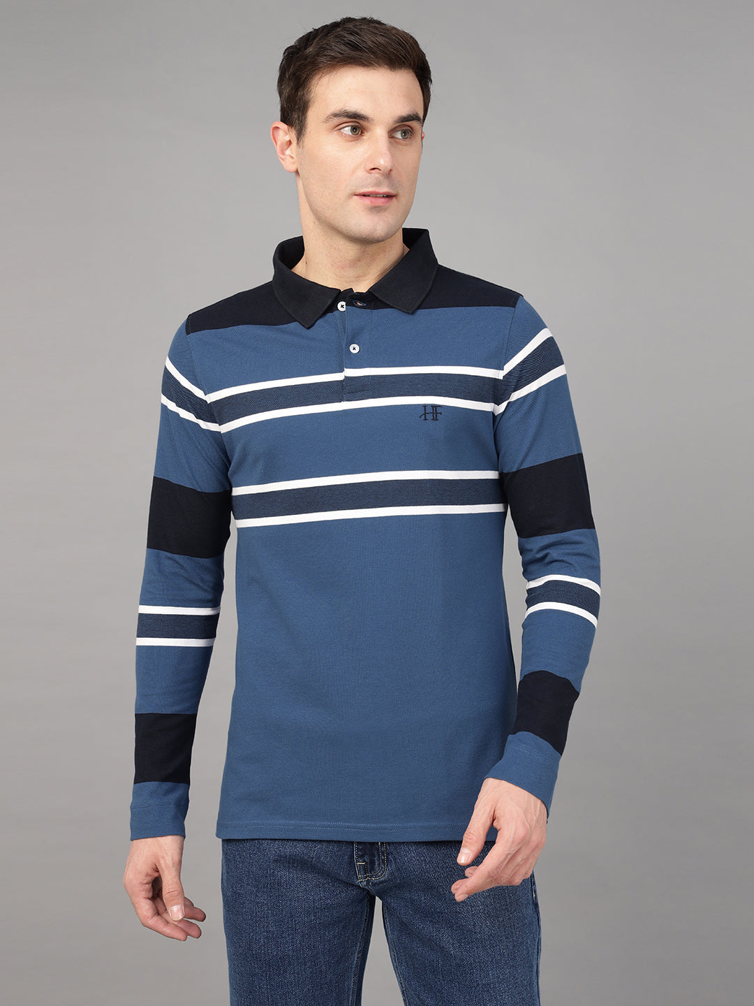 Hancock Men Blue & Navy Blue Stripe Pure Cotton Slim Fit Formal Tshirt