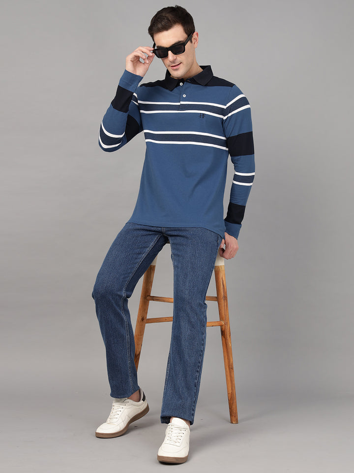 Hancock Men Blue & Navy Blue Stripe Pure Cotton Slim Fit Formal Tshirt