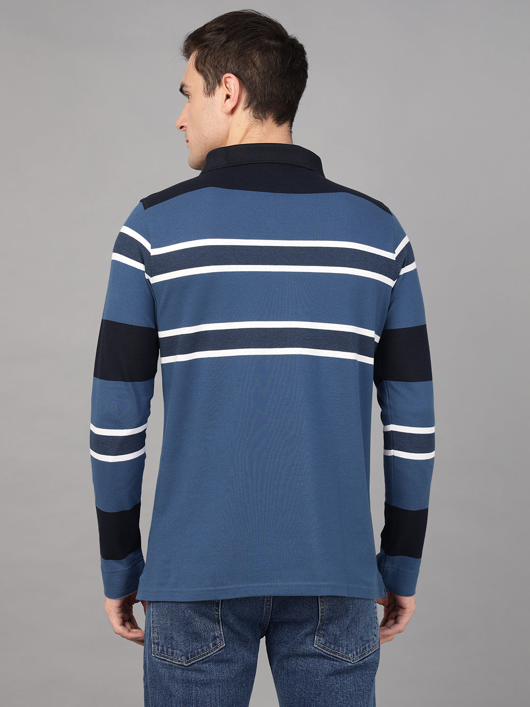 Hancock Men Blue & Navy Blue Stripe Pure Cotton Slim Fit Formal Tshirt