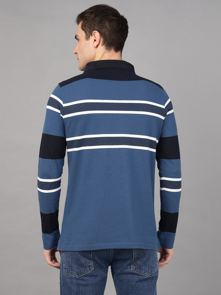 Hancock Men Blue & Navy Blue Stripe Pure Cotton Slim Fit Formal Tshirt