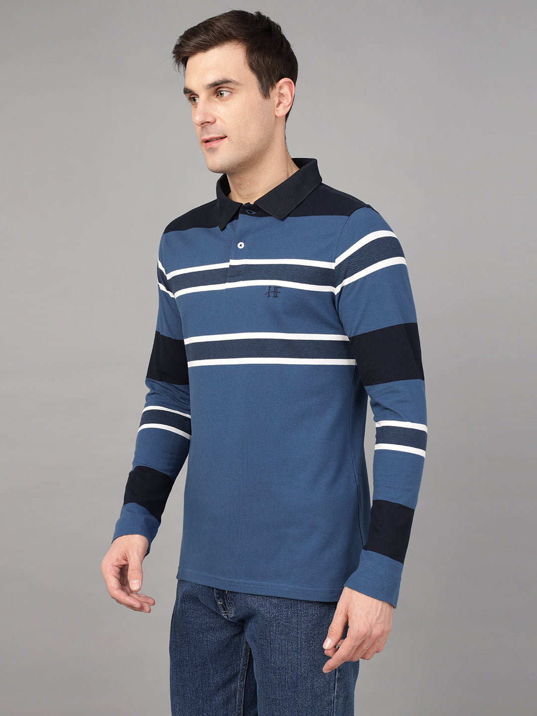 Hancock Men Blue & Navy Blue Stripe Pure Cotton Slim Fit Formal Tshirt