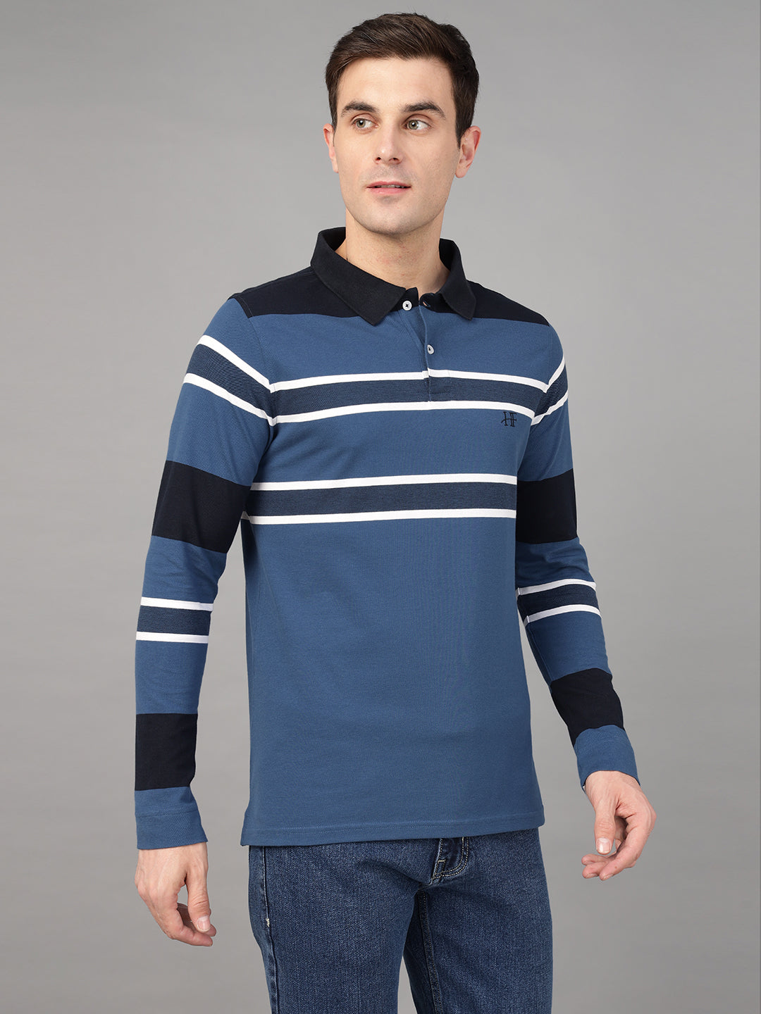 Hancock Men Blue & Navy Blue Stripe Pure Cotton Slim Fit Formal Tshirt