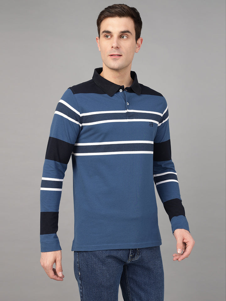 Hancock Men Blue & Navy Blue Stripe Pure Cotton Slim Fit Formal Tshirt