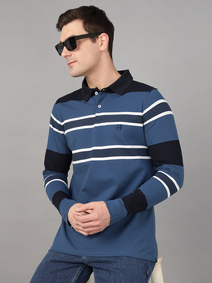 Hancock Men Blue & Navy Blue Stripe Pure Cotton Slim Fit Formal Tshirt