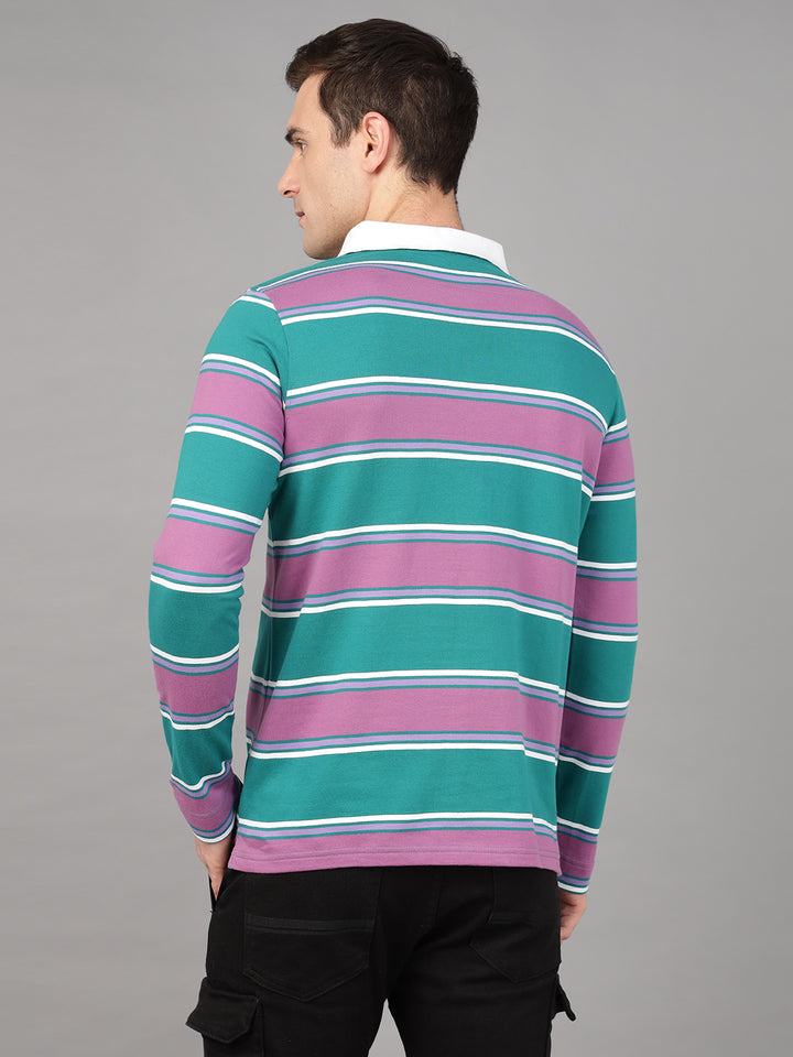 Hancock Men Green & Purple Stripe Pure Cotton Slim Fit Formal Tshirt