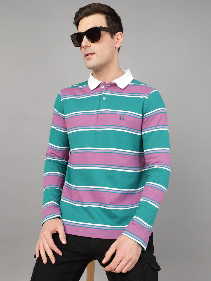 Hancock Men Green & Purple Stripe Pure Cotton Slim Fit Formal Tshirt
