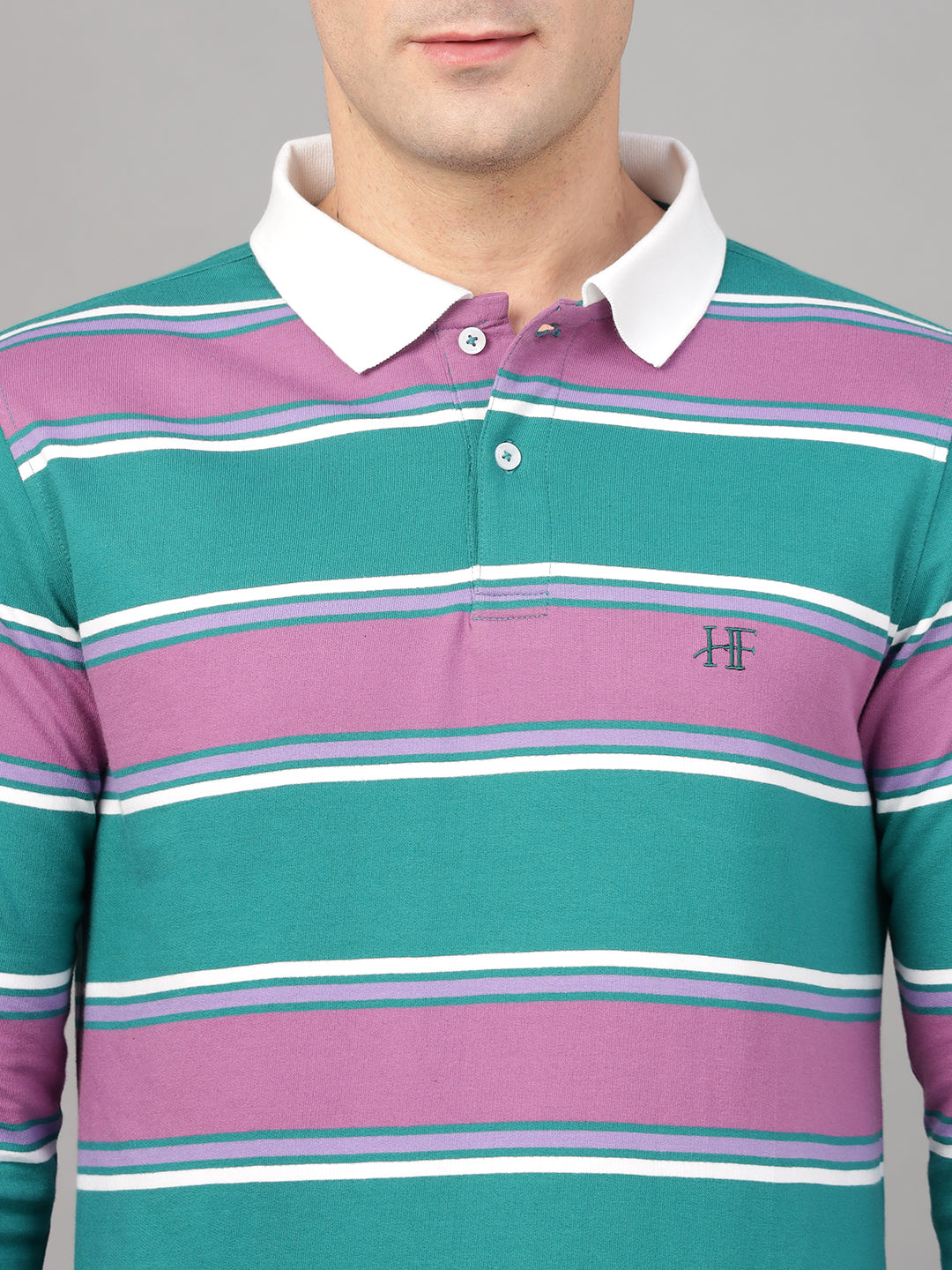 Hancock Men Green & Purple Stripe Pure Cotton Slim Fit Formal Tshirt