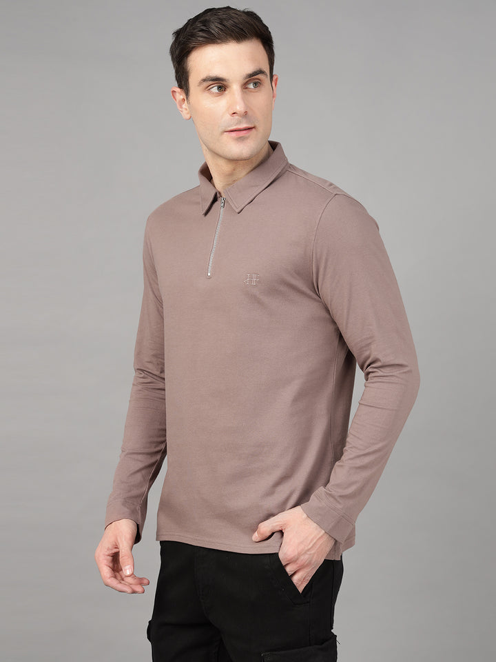Hancock Men Dusty Mauve Solid Pure Cotton Slim Fit Formal Tshirt