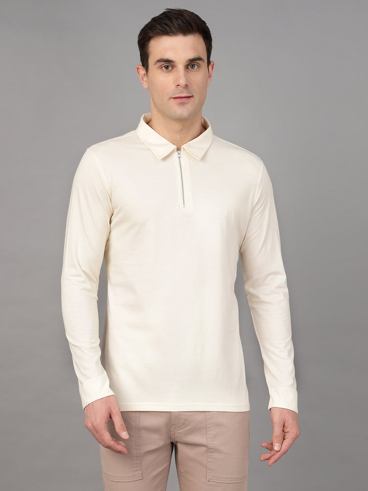 Hancock Men Cream Solid Pure Cotton Slim Fit Formal Tshirt