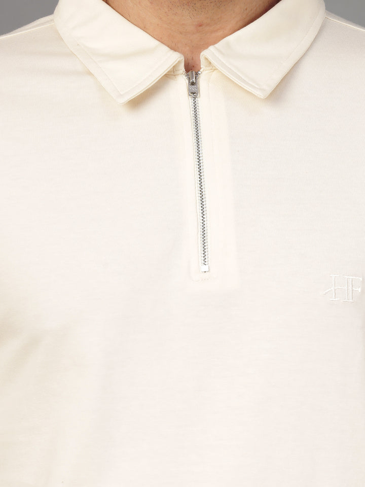 Hancock Men Cream Solid Pure Cotton Slim Fit Formal Tshirt