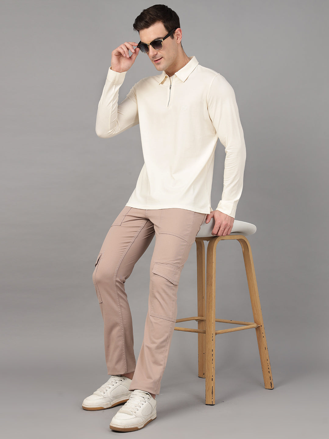 Hancock Men Cream Solid Pure Cotton Slim Fit Formal Tshirt