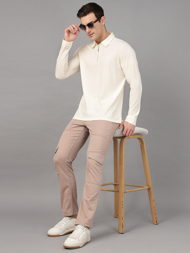 Hancock Men Cream Solid Pure Cotton Slim Fit Formal Tshirt